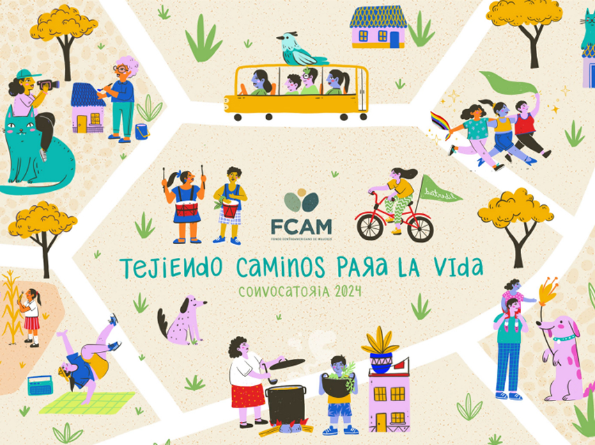 Ilustración colorida para la convocatoria 2024 de FCAM con el título 'Tejiendo Caminos Para la Vida'. El dibujo muestra varias escenas de comunidad y alegría, incluyendo niños en un autobús, personas cocinando juntas, gente marchando con una bandera de arcoíris y una mujer andando en bicicleta, todo conectado en un estilo de collage vibrante.