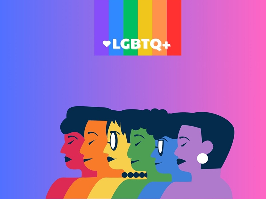 Ilustración sobre un fondo degradado de azul a rosa. En la parte superior, aparece la bandera del orgullo LGBT y el texto '♥ LGBTQ+'. Debajo, se ve una fila de perfiles de personas diversas, cada una coloreada con uno de los tonos de la bandera arcoíris, simbolizando la unidad y la inclusión.