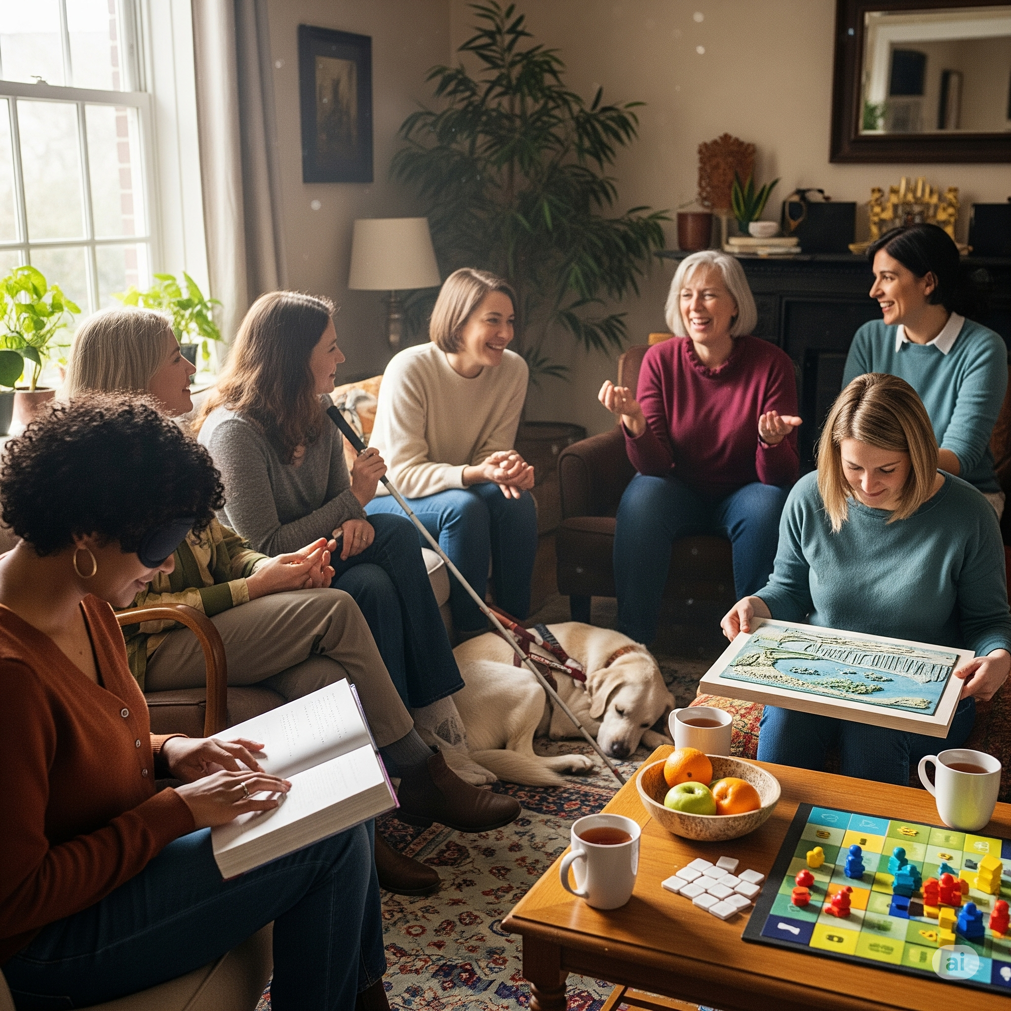 Un grupo de mujeres diversas con discapacidad visual comparten un momento de comunidad en una sala acogedora. Algunas conversan y ríen, mientras otra lee un libro en braille, mostrando un ambiente de apoyo, alegría y sororidad.